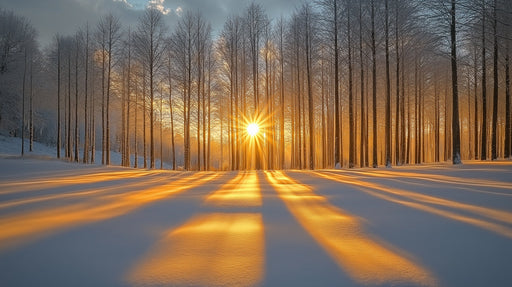 Snowy Forest Sunray Mural Wallpaper | Serene Natural Decoration