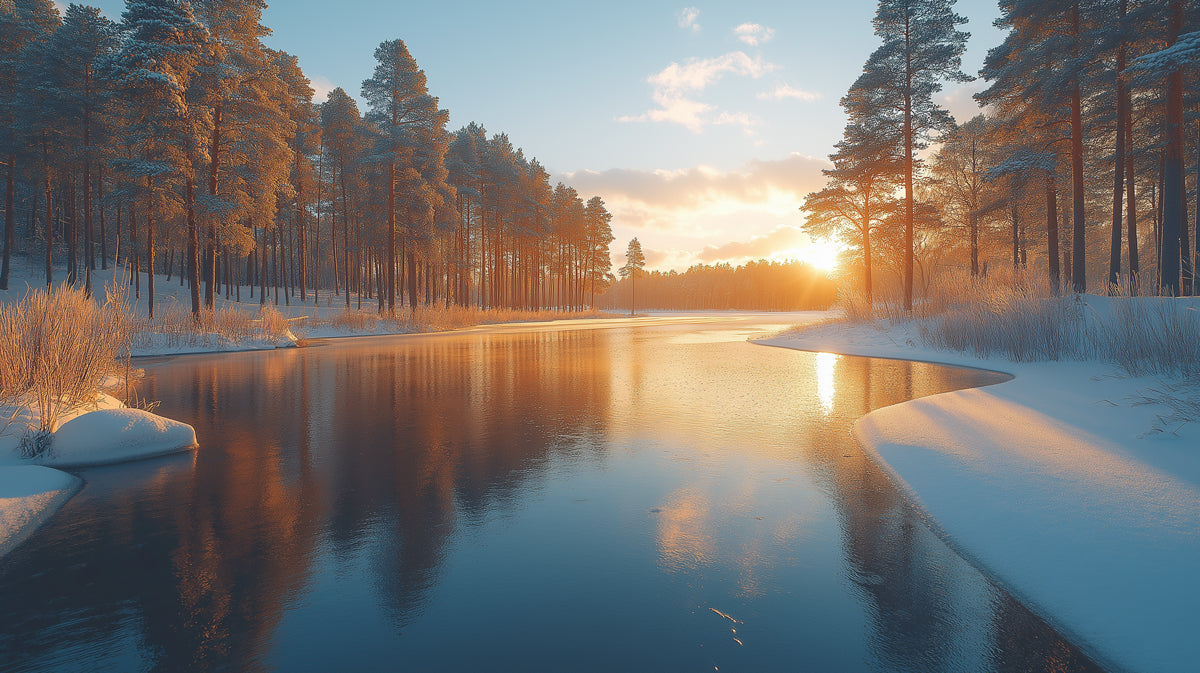 Lakeside Forest Sunset Mural Wallpaper | Scenic Tranquil Decoration