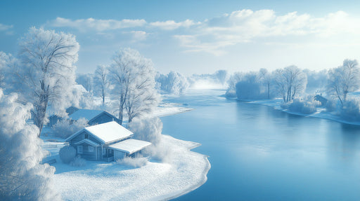 Snowy River Cottage Mural Wallpaper | Cozy Winter Decoration