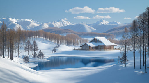 Snowy Mountain Cottage Mural Wallpaper | Peaceful Rustic Decoration