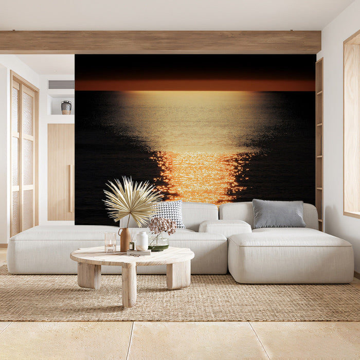 Golden Sea Living Room Mural Wallpaper | Opulent Coastal Decoration