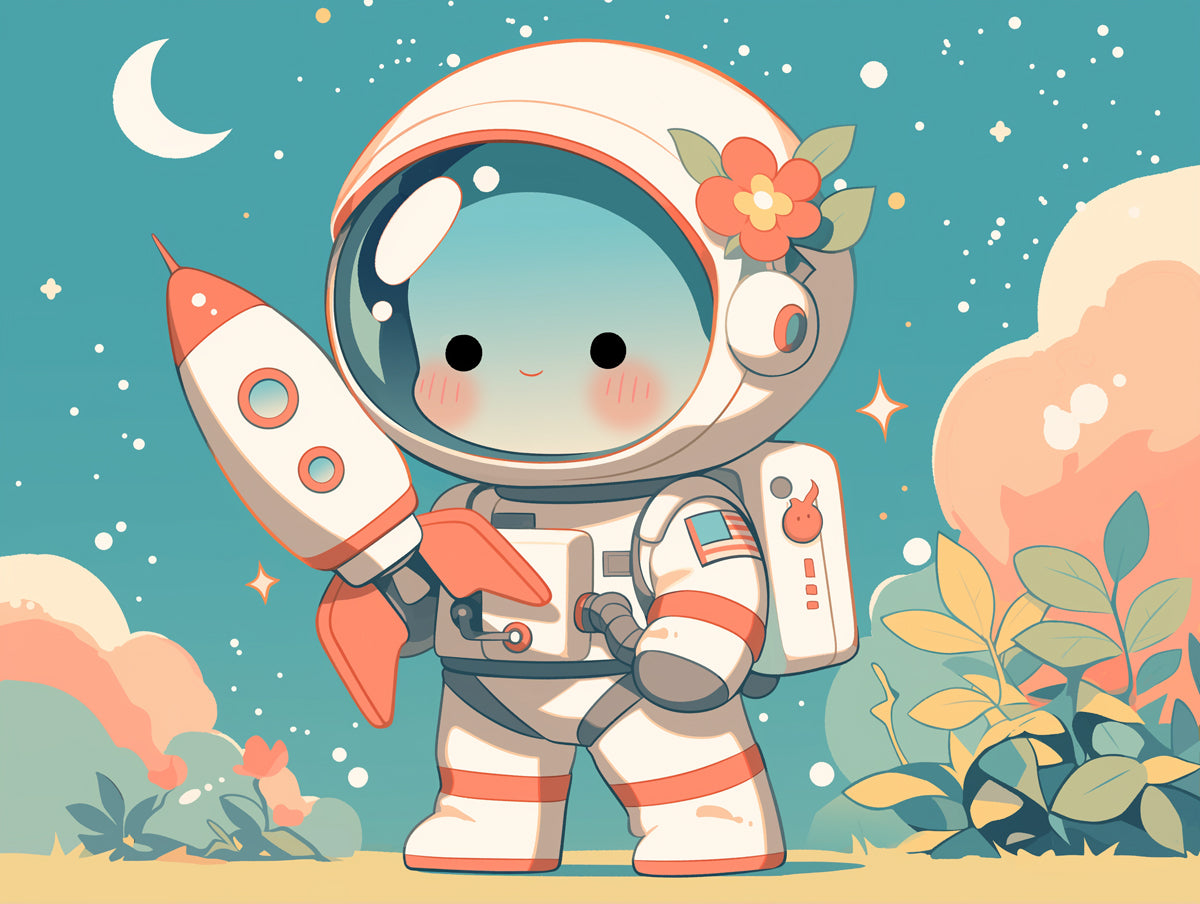 Carta da parati murale adorabile astronauta con razzo | Astronauta blu arancione bianco e rosa 