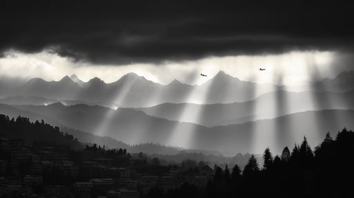 Monochrome Mountain Rays Office Mural Wallpaper | Bold Professional Decoration