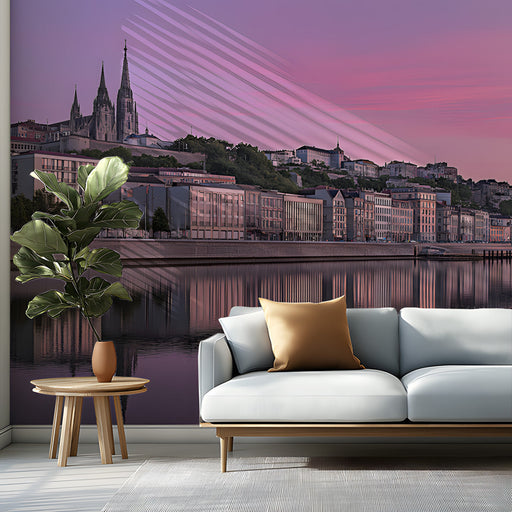 Pink Cityscape by the Lake Mural Wallpaper | Romantic Elegant Decoration