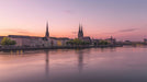 Pink Cityscape by the Lake Mural Wallpaper | Romantic Elegant Decoration