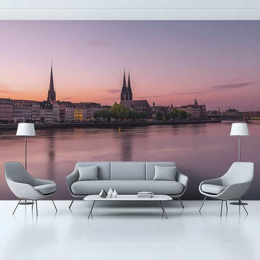 Pink Cityscape by the Lake Mural Wallpaper | Romantic Elegant Decoration