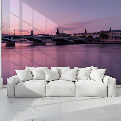 Purple City Bridge Sunset Mural Wallpaper | Dreamy Urban Decoration