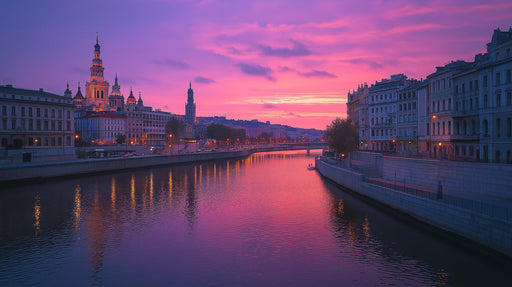 Magenta River Cityscape Mural Wallpaper | Glamorous Modern Decoration