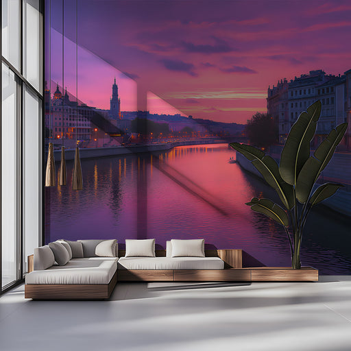 Magenta River Cityscape Mural Wallpaper | Glamorous Modern Decoration