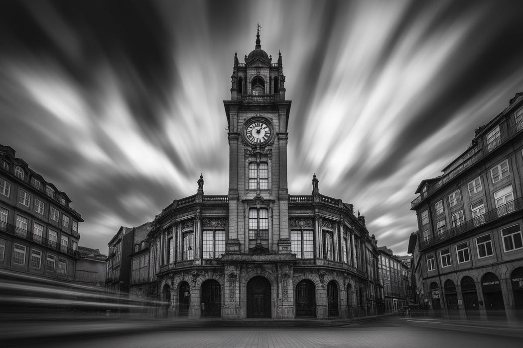 Black - and - White Clock Tower Mural Wallpaper | Bold Dramatic Decoration