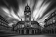 Black - and - White Clock Tower Mural Wallpaper | Bold Dramatic Decoration