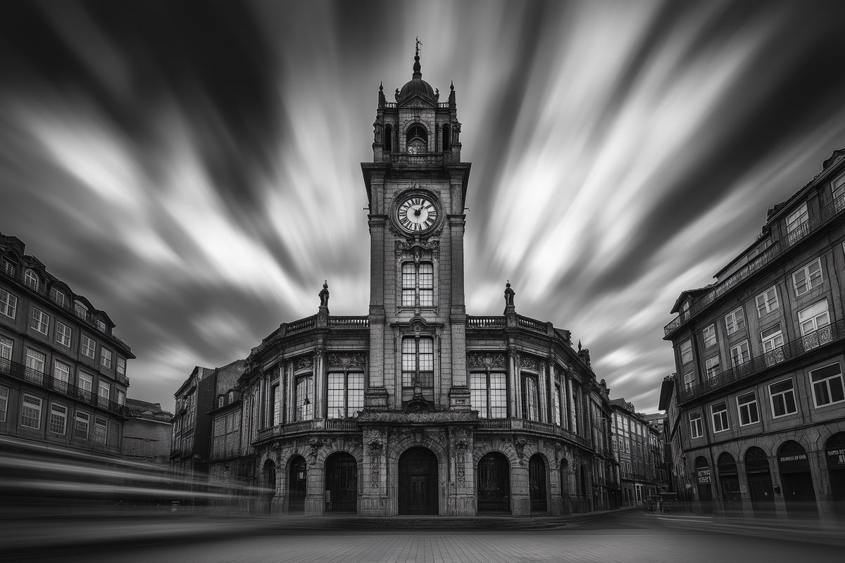 Black - and - White Clock Tower Mural Wallpaper | Bold Dramatic Decoration