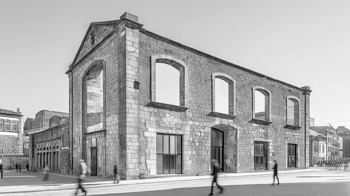 Ruined Building Monochrome Mural Wallpaper | Industrial Minimalist Decoration