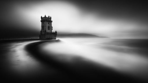 Tower in Mist Monochrome Mural Wallpaper | Mysterious Serene Decoration
