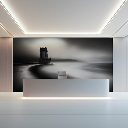 Tower in Mist Monochrome Mural Wallpaper | Mysterious Serene Decoration