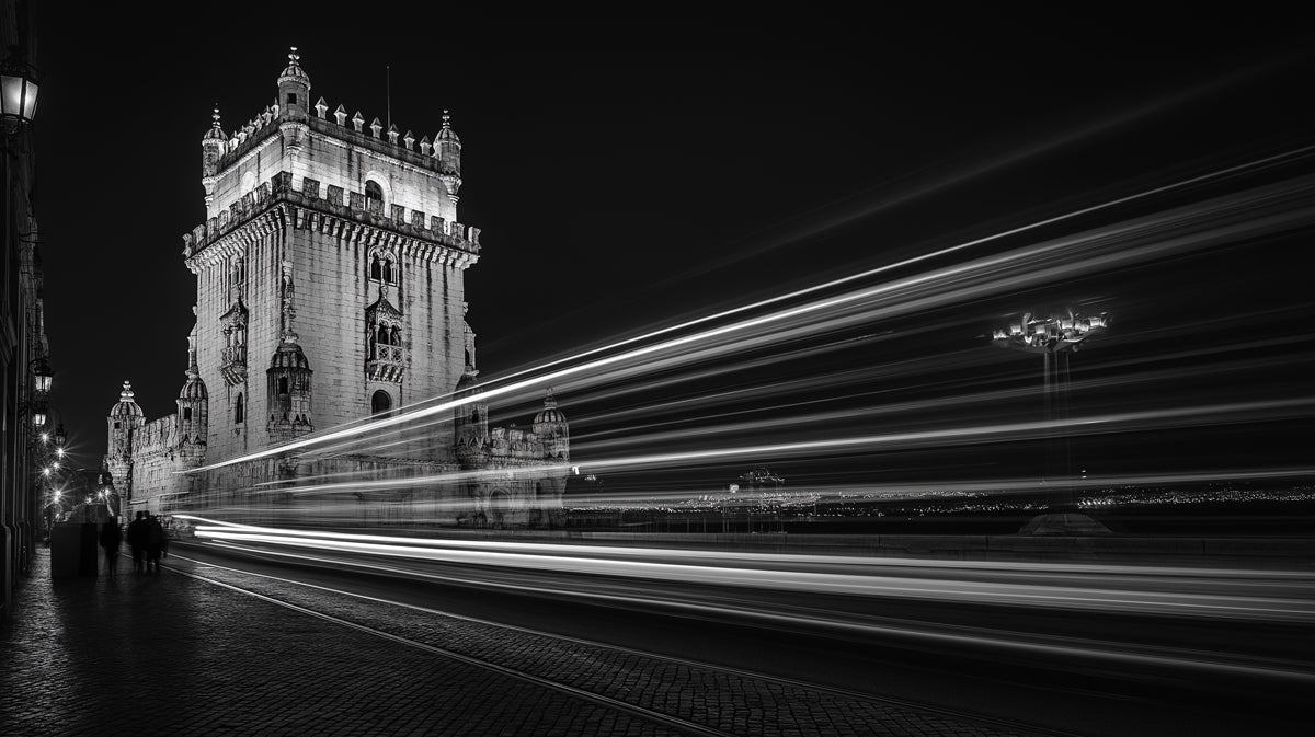 Tower with Light Trails Monochrome Mural Wallpaper | Modern Dynamic Decoration