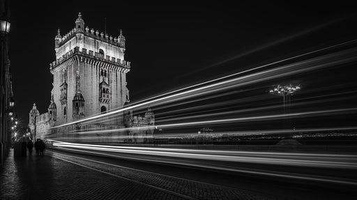 Tower with Light Trails Monochrome Mural Wallpaper | Modern Dynamic Decoration