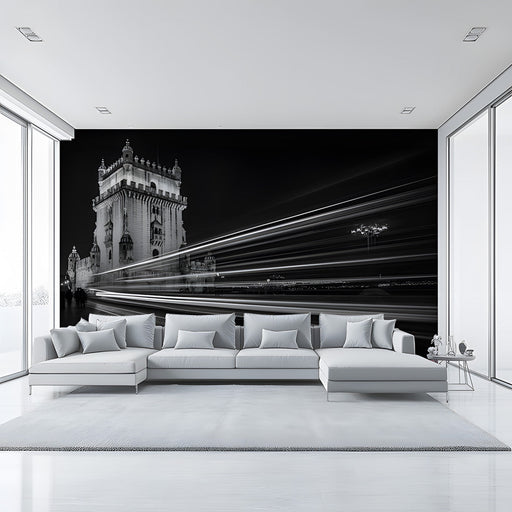 Tower with Light Trails Monochrome Mural Wallpaper | Modern Dynamic Decoration