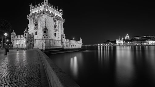 Monochrome Tower by Water Mural Wallpaper | Elegant Mysterious Decoration