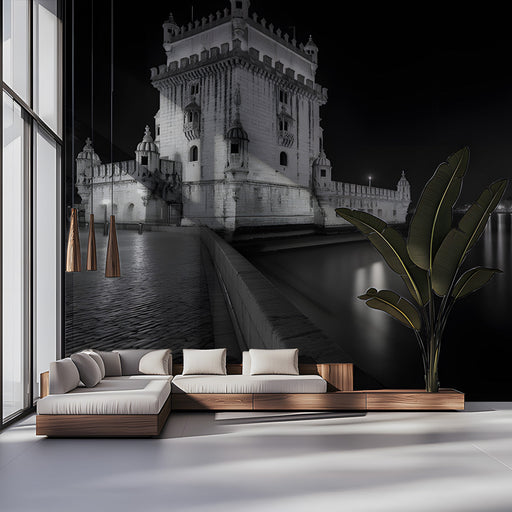 Monochrome Tower by Water Mural Wallpaper | Elegant Mysterious Decoration