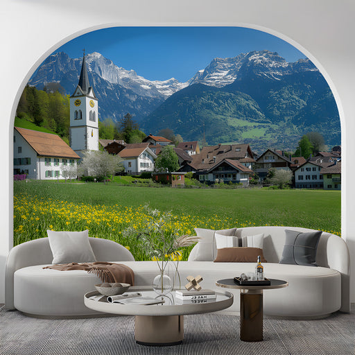 Alpine Village Mural Wallpaper | Serene Rustic Decoration