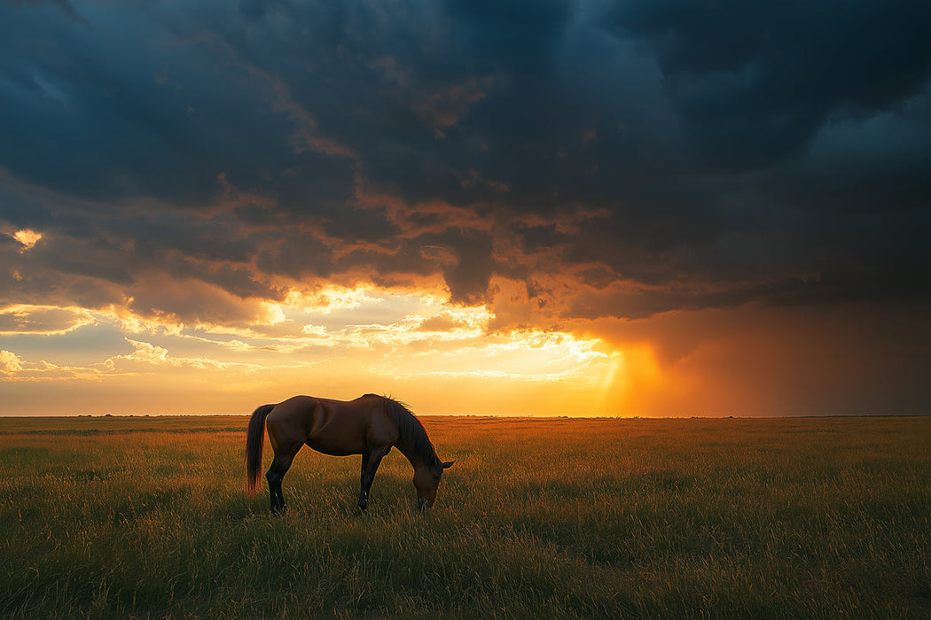 Horse in Sunset Field Mural Wallpaper | Serene Dramatic Decoration