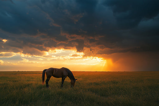 Horse in Sunset Field Mural Wallpaper | Serene Dramatic Decoration