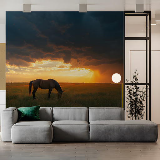 Horse in Sunset Field Mural Wallpaper | Serene Dramatic Decoration
