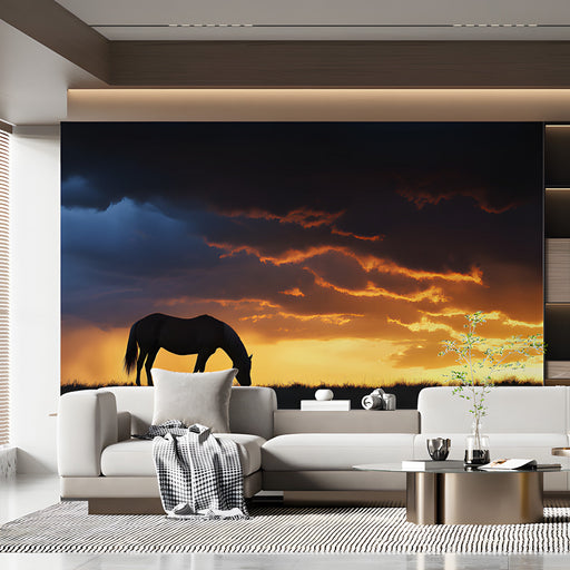 Horse in Sunset Field Mural Wallpaper | Serene Dramatic Decoration