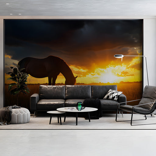 Horse in Sunset Field Mural Wallpaper | Serene Dramatic Decoration