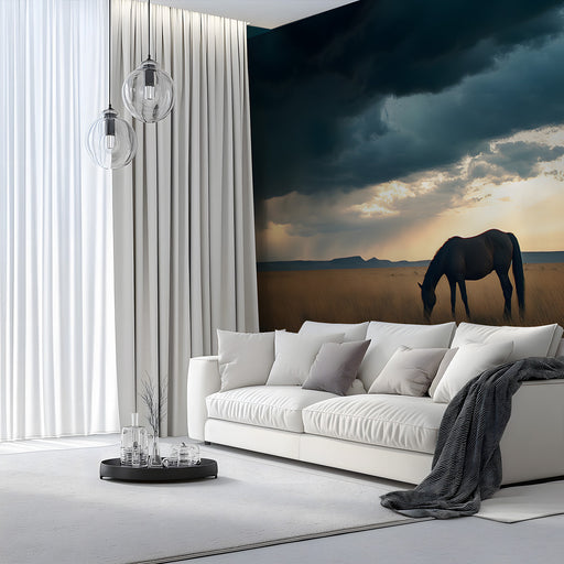 Horse in Sunset Field Mural Wallpaper | Serene Dramatic Decoration