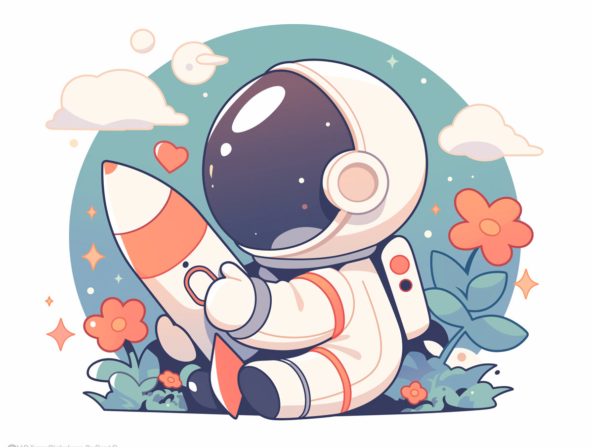 Carta da parati murale carino con astronauta e razzo | Astronauta blu, arancione, bianco e rosa -1 