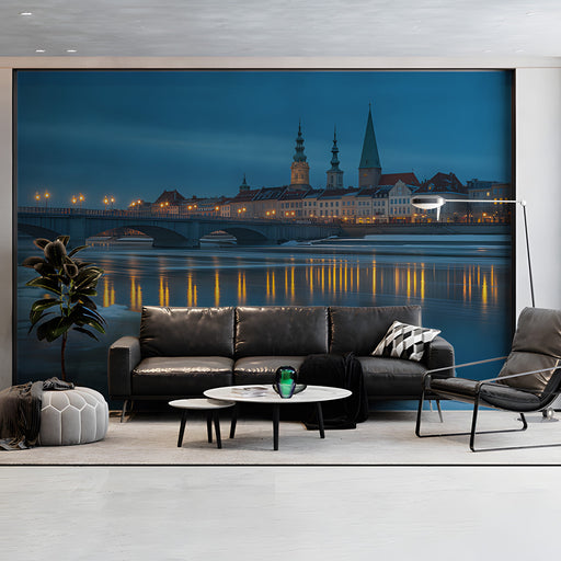 Nighttime River Cityscape Mural Wallpaper | Elegant Serene Decoration