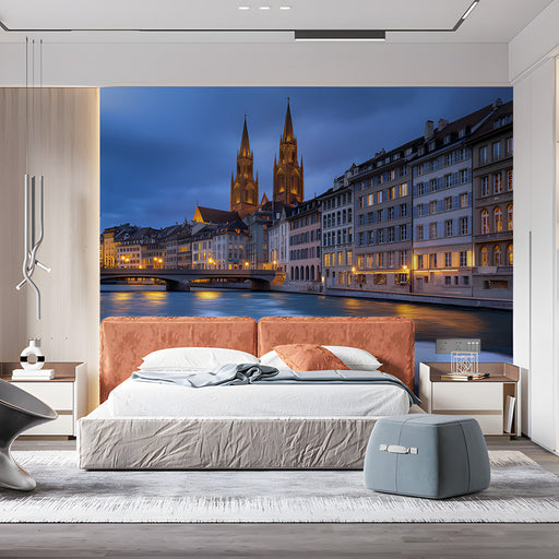 Illuminated Cathedral Cityscape Mural Wallpaper | Grand Sophisticated Decoration