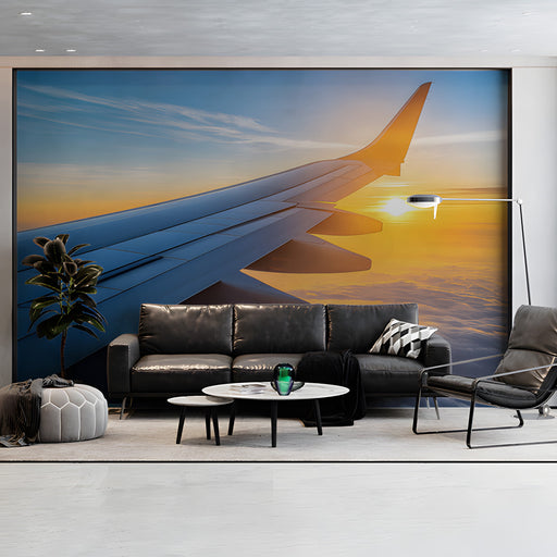Airplane Wing at Sunset Living Room Mural Wallpaper | Adventurous Serene Decoration