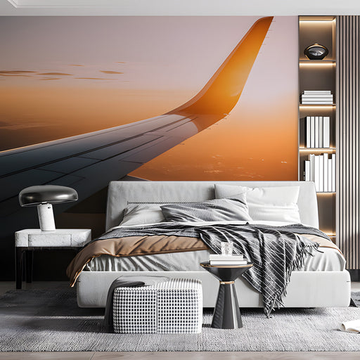 Airplane Wing at Sunset Living Room Mural Wallpaper | Adventurous Serene Decoration