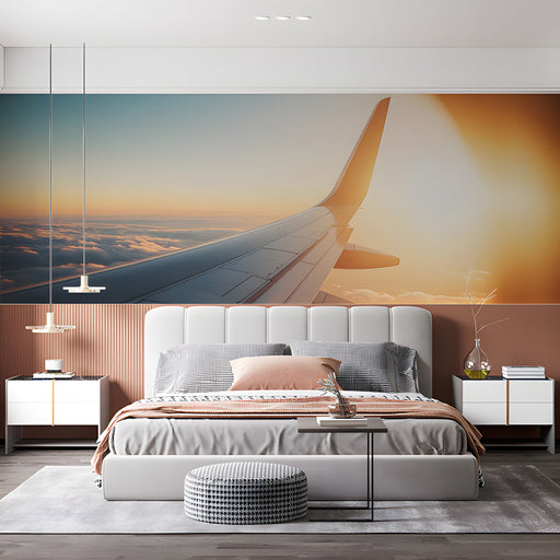 Airplane Wing Golden Hour Bedroom Mural Wallpaper | Elegant Soaring Decoration