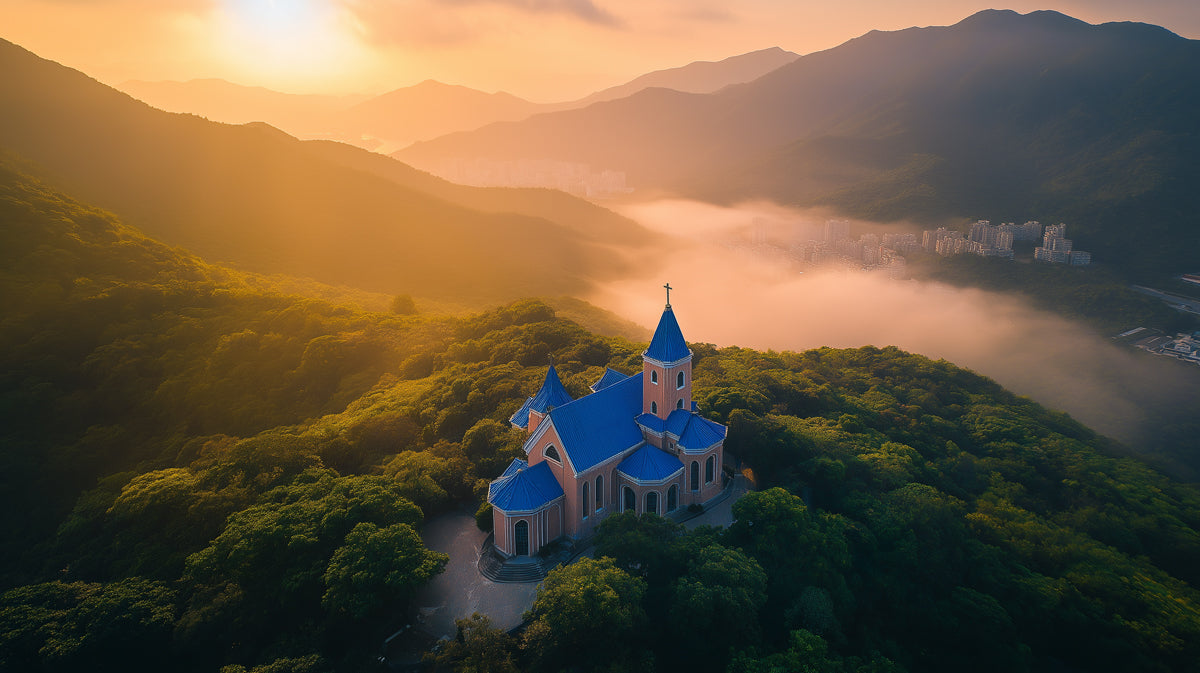 Mountain Church Misty Mural Wallpaper | Peaceful Scenic Decoration