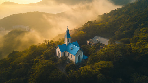 Blue Church in Misty Greenery Mural Wallpaper | Serene Mystical Decoration