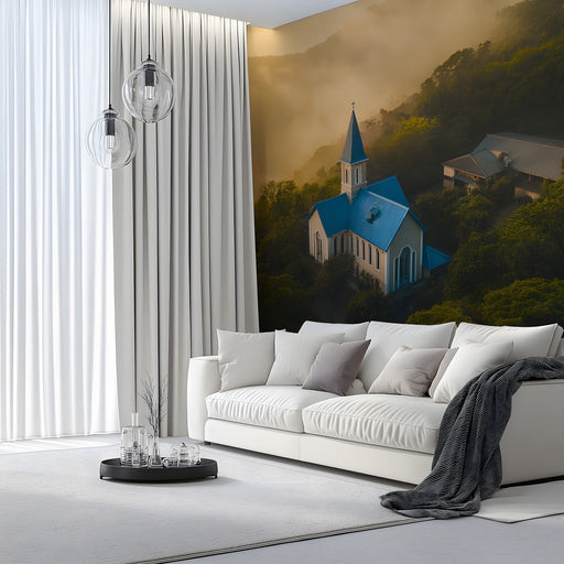 Blue Church in Misty Greenery Mural Wallpaper | Serene Mystical Decoration