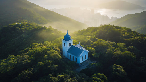Blue Church with Distant City Mural Wallpaper | Tranquil Contrast Decoration