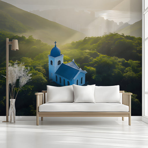 Blue Church with Distant City Mural Wallpaper | Tranquil Contrast Decoration