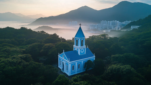 Blue Church with Distant Building Mural Wallpaper | Tranquil Contrast Decoration