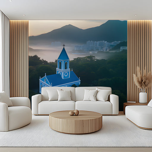 Blue Church with Distant Building Mural Wallpaper | Tranquil Contrast Decoration