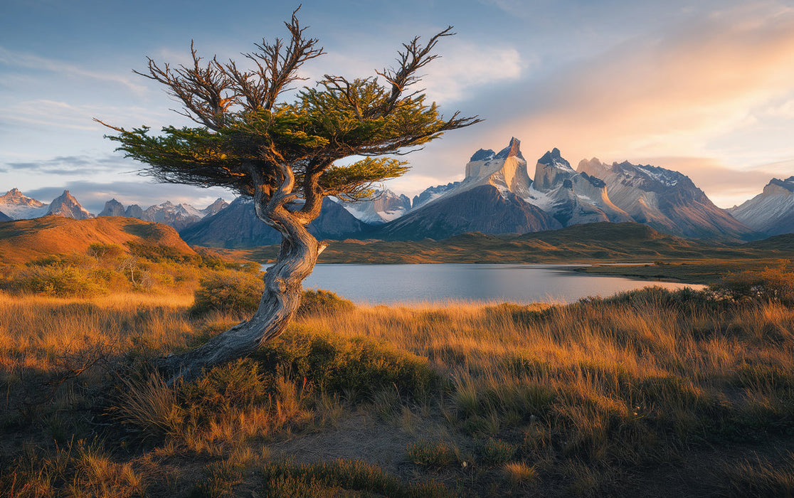 Unique Tree by Mountain Lake Mural Wallpaper | Majestic Solitary Decoration
