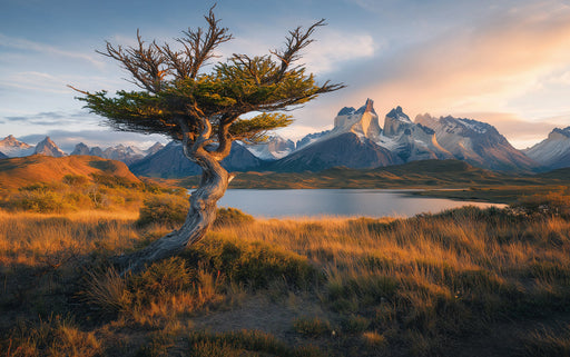 Unique Tree by Mountain Lake Mural Wallpaper | Majestic Solitary Decoration