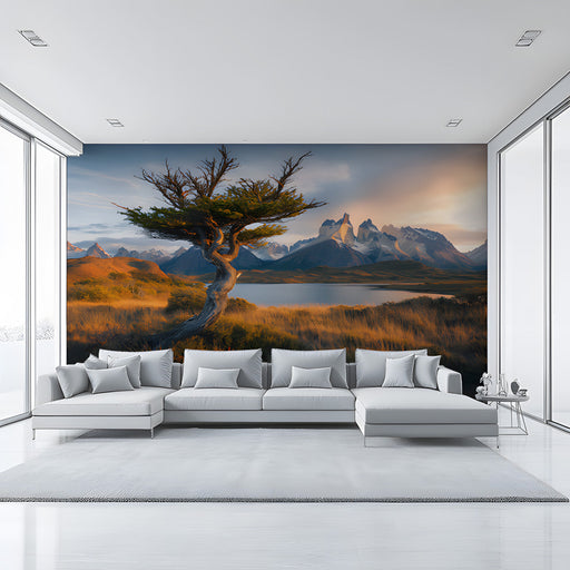 Unique Tree by Mountain Lake Mural Wallpaper | Majestic Solitary Decoration