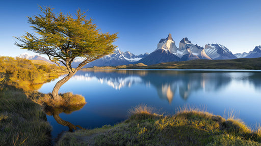 Unique Tree by Mountain Lake Mural Wallpaper | Majestic Solitary Decoration