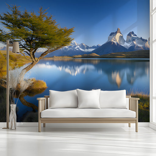 Unique Tree by Mountain Lake Mural Wallpaper | Majestic Solitary Decoration