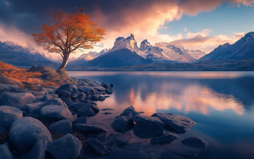 Autumn Tree Mountain Vista Mural Wallpaper | Warm Scenic Decoration